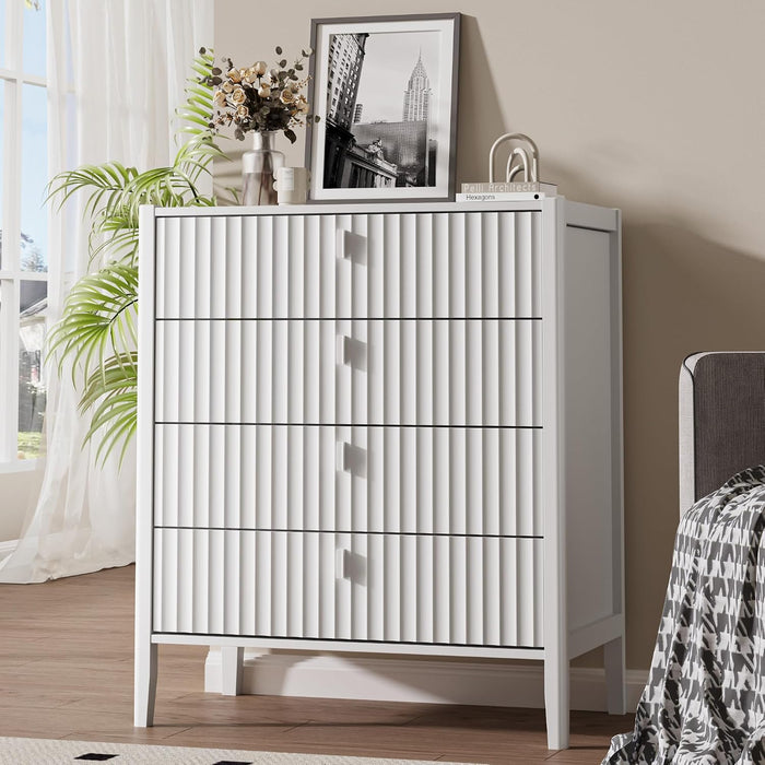 White 4 Drawer Dresser, Modern Chest of Drawers for Bedroom, Wood Fluted Dresser Organizer with Deep Drawers for Clothes, Nightstand for Bedroom, Hallway, Living Room, Entryway
