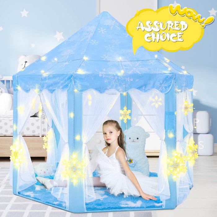 Frozen Princess Tent with Large Snowflake Lights for Girls Age 4-7, Kids Play Tent for Girls Indoor, Princess Castle Playhouse for Toddlers, Blue Frozen Toy 55X53 Inch