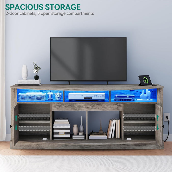TV Stand for 75/80 Inch TV, Light Rustic Grey Entertainment Center 70 Inches Wide, Media Furniture TV Table with with Power Outlet, TV Consoles for Living Room, Curved Desktop