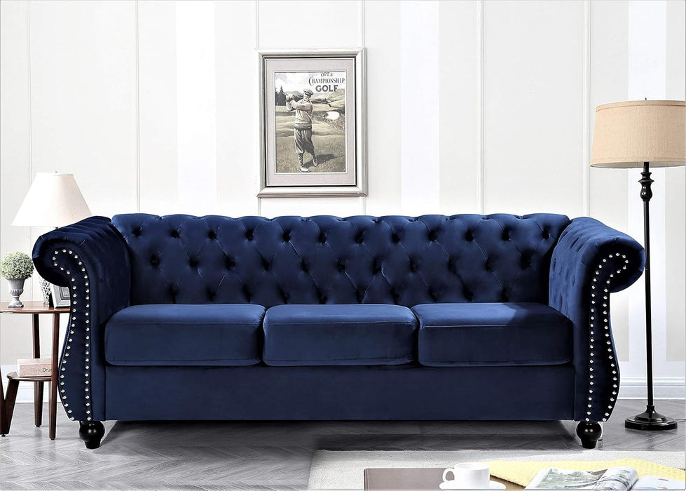 Modern Blue Velvet Chesterfield Loveseat