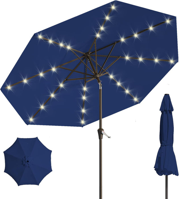 9FT Solar Umbrella 32 LED Lighted Patio Umbrella Table Market Umbrella W/Tilt and Crank, Uv-Resistant Outdoor Umbrella for Pool, Garden, Deck, Navy Blue
