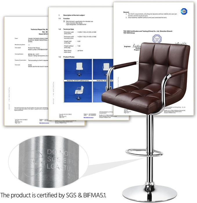 Tall Bar Stools Set of 2 Modern Square PU Leather Adjustable Barstools Counter Height Stools with Arms and Back Bar Chairs 360° Swivel Stool, Brown