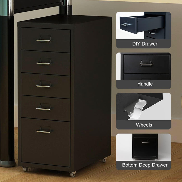 Black Mobile File Cabinet, 5 Drawers