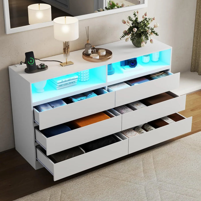 6 Drawer Dresser with Full Length Mirror 48"X16" ,Wide Chests of Drawers with LED Light,White Storage Dresser with Power Outlet,Modern Dressers for Bedroom, Living Room, Hallway(White)