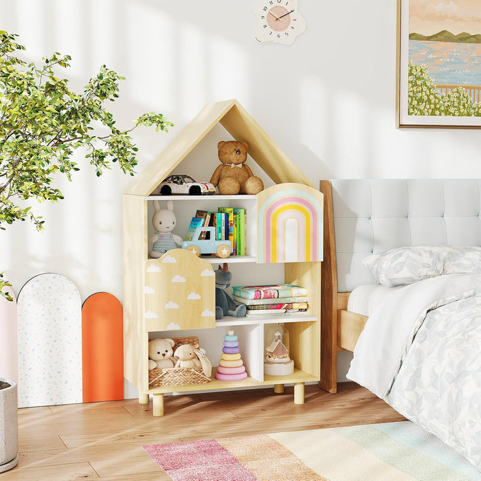 Natural Wood House Shaped Kids Dollhouse Bookshelf