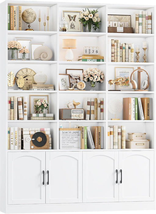 82.3" Triple Wide Bookshelf, Tall Bookcase with 4 Doors, White