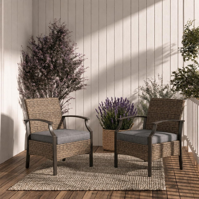 Outdoor Chairs Set of 2, Wicker Patio Seating with Olefin Cushion for Front Porch Small Balcony outside (Grey)