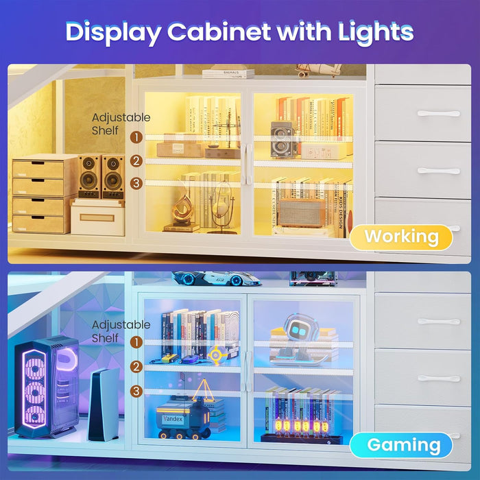 L Shaped Gaming Desk, 63" Lx27.6 W Computer Desk with 4 Drawers & Display Cabinet, Executive Office Desk with Storage Shelves & LED Light for Home Office, White
