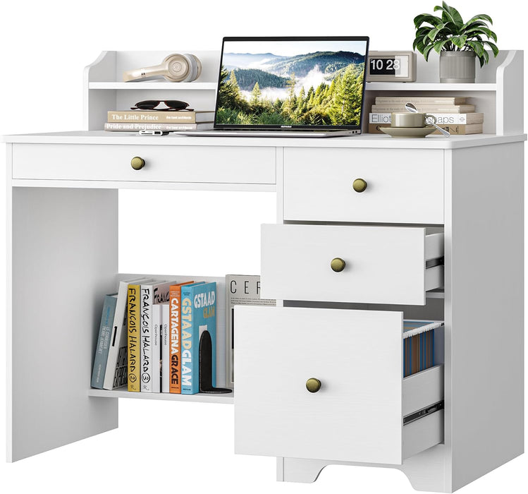 Computer Desk with Drawers and Hutch Shelf, Wood Executive Desk Writing Study Table with 43” Wide Tabletop, Small Desk with File Drawer for Home Office Bedroom, White
