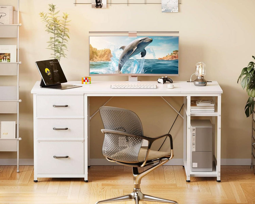 51 Inch Computer Desk with Fabric Drawers & USB Power Outlets- Reversible Home Office Desk with Storage Shelves, Work from Home, Modern Work/Writing/Study Table for Bedroom, White