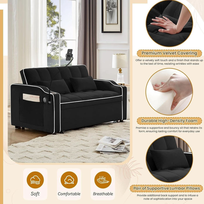 Black Velvet Luxe Sleeper Sofa Bed USBChargingPort