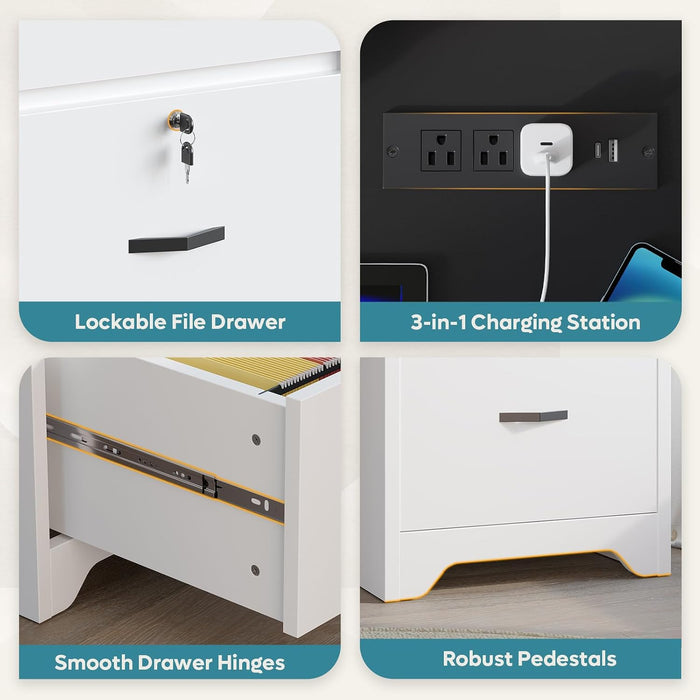 59” Office Desk with Lockable Drawers, Modern Computer Desk with File Drawer, Charging Station & Drop-Front Keyboard Drawer, Executive Desk with Storage Cabinet for Home Office & Studio, White
