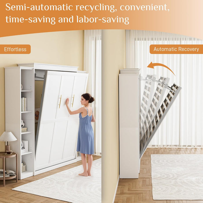 Murphy Bed Queen with Storage Bookcase & 4 Adjustable Shelves, Queen Murphy Bed Cabinet Bed, Foldable Space Saving Furniture Beds, Wood Wall Bed for Guest Room, Bedroom, White