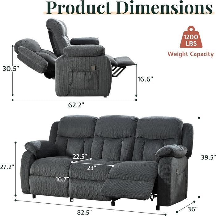 Reclining Couch, Power Reclining Sofa with Dual Wingback, 3 Seater Recliner Sofa, Recliner Couches for Living Room(Dark Gray)