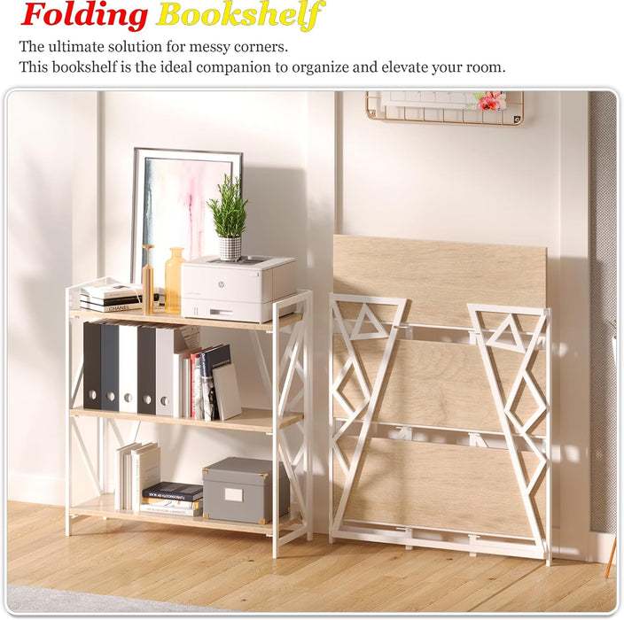 No Assembly Wide Folding Bookshelf, 34" H X 30.9" W, 3 Tier Foldable Book Shelf Industrial Bookcase, Vintage Collapsible Storage Shelves for Home Office Living Room Bedroom, Light Oak White