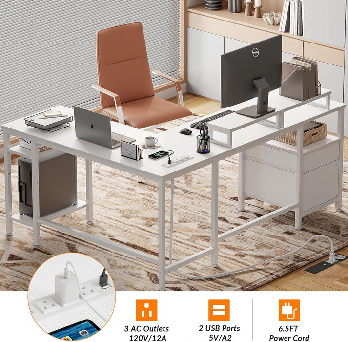 White FiftyNineInch L Shaped Desk With PowerOutlets
