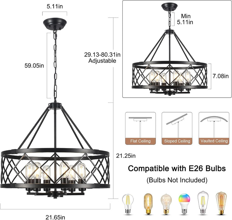 21.65" Black Chandelier, 6-Light Modern Farmhouse Dining Room Chandelier, Industrial Metal Cage Chandelier Hanging Light Fixture for Kitchen Island, Foyer, Entryway, Staircase, Living Room