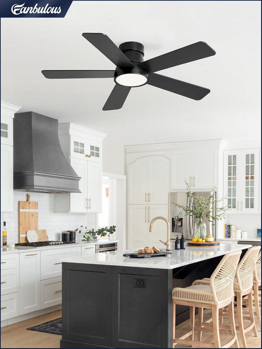 42 Inch Ceiling Fans with Lights and Remote,Outdoor Indoor Modern Flush Mount Ceiling Fan with 3CCT 6-Speed Quiet DC Motor,Black Small Low Profile Ceiling Fan for Bedroom Living Room Office
