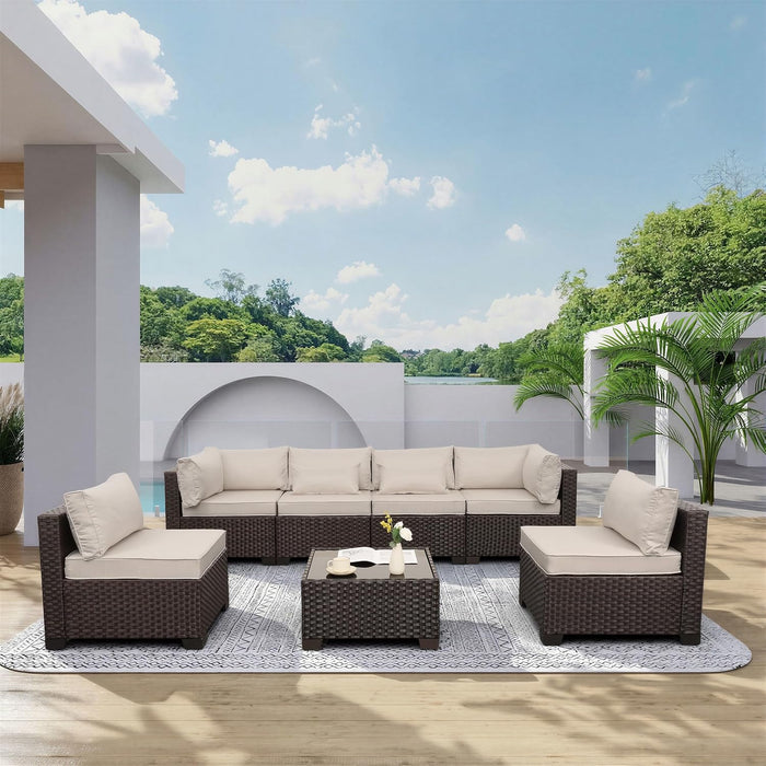 7 Pieces Wicker Patio Furniture Conversation Set Outdoor Sectional Sofa Glass Coffee Table with Non-Slip Cushions and Furniture Cover, Beige