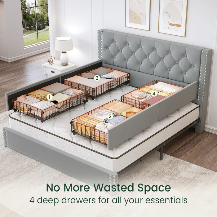 Queen Size Bed Frame Upholstered Platform Bed with 4 Storage Drawers and Tufted Headboard Velvet Bed Frame with Heavy Duty Wood Slats, No Box Spring Needed, Easy Assembly, Bluish Grey