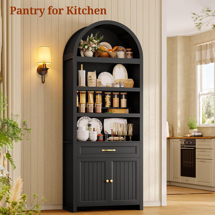2 Pcs 84.2" Tall Arched Cabinets,Bookcase with Drawer Storage,Mid-Century Modern 6-Tier Bookshelf, 2 Book Risers and Adjustable Shelves Offering More Storage Space for Living Room,Kitchen, Black