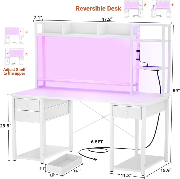 Desk with LED and Outlets, Gaming Desk with Hutch, 47.2'' Computer Desk with Drawers, Reversible Office Desk with Storage Bookshelf Large Workstation Desk with Shelf, Desk for Home, White