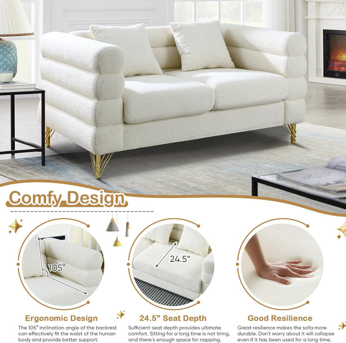 2 Piece Living Room Sofa Set, Comfy Boucle Couch with Loveseat and 3 Seater, Upholstered Sofa Couch with 2 Pillows and Deep Seat Design for Office, Waiting Room, White Teddy
