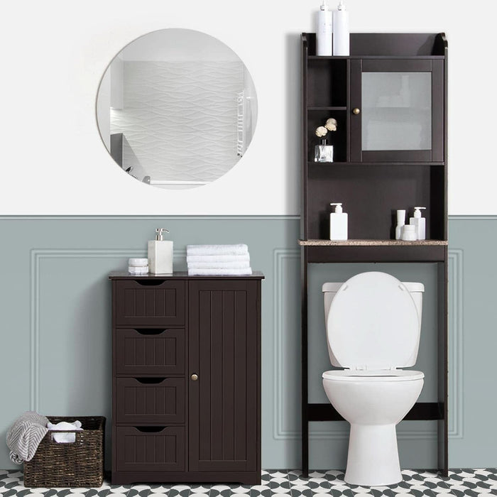 Wooden Bathroom Floor Cabinet, Side Storage Organizer Cabinet with 4 Drawers and 1 Cupboard, Freestanding Entryway Storage Unit Console Table, Home Decor Furniture, Brown