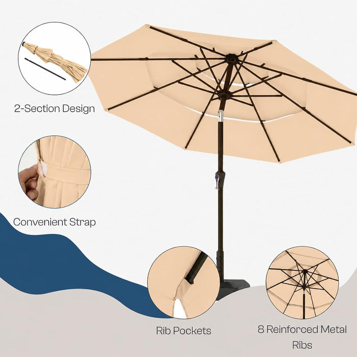 10Ft 3 Tier Patio Umbrella, Outdoor Market Table Umbrella with UPF 50+ Vented Canopy, 8 Sturdy Ribs, Easy Push Button Tilt and Crank, Windproof for Deck, Pool, Backyard and Garden
