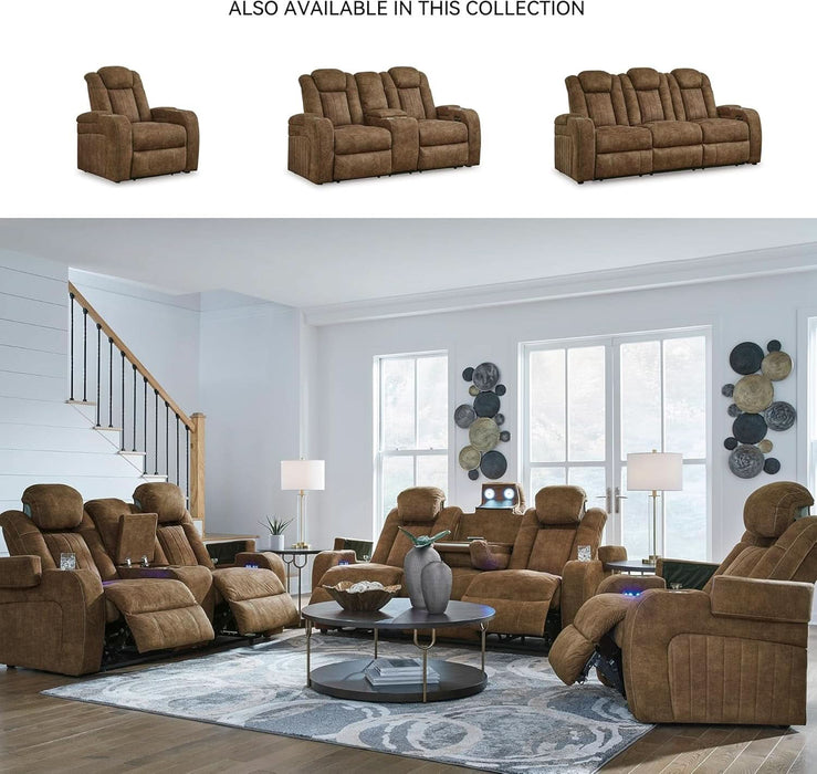 Wolfridge Contemporary Faux Leather Power Reclining Sofa with Drop down Table, LED Lights, Electrical Outlet, Wireless Charging, USB Ports and Cup Holders, Light Brown