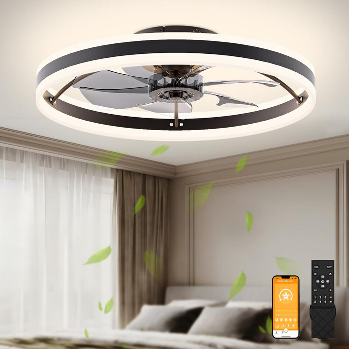 Low Profile Ceiling Fans with Lights and Remote, 23.6In Flush Mount Ceiling Fans with Light, 3000K-6500K Dimmable Fandelier LED Fan Light, Black Bladeless Ceiling Fans with Lights for Bedroom