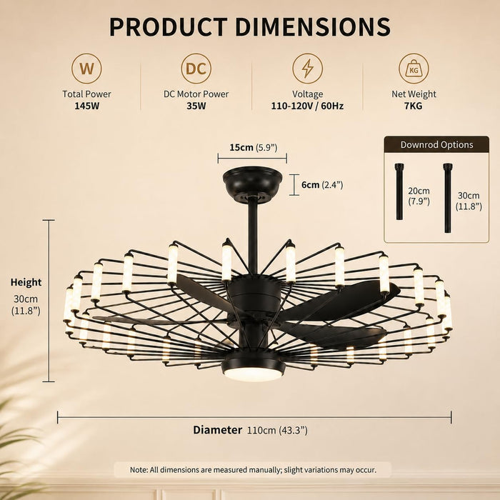 43-Inch Cage Ceiling Fan with Lights, Black Chandelier Style
