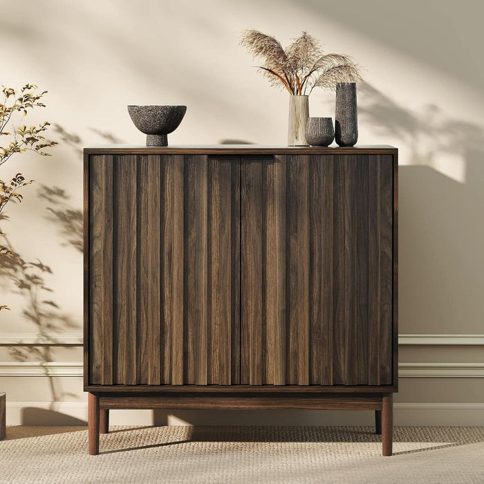 Fluted Buffet Cabinet with Storage, Small Accent Cabinet, Walnut