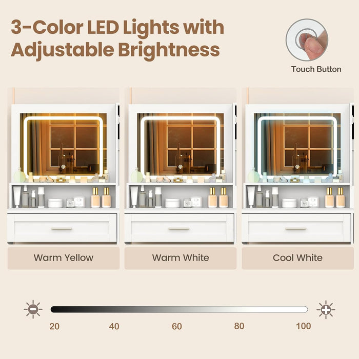 Vanity Desk with Mirror and Lights, 35.5'' Farmhouse Dressing Table with Jewelry Cabinet, Charging Station, Storage Drawers, Padded Stool, White Makeup Vanity Set for Bedroom