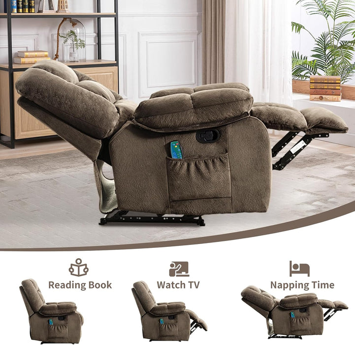 Manual Recliner Chair with Timer Heating and Massage, Ergonomic Overstuffed Breathable Fabric Reclining Chair, Single Sofa with Side Pockets for Living Room Home Theater(Tan)