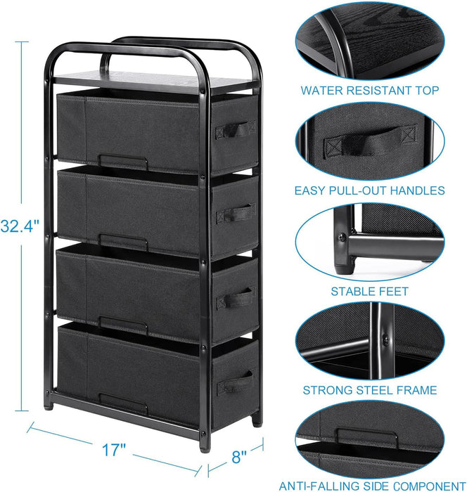4 Drawer Narrow Dresser Fabric Storage Tower Vertical Slim Storage Chest Organizer Nightstand Side/End Table Small Standing Organizer Removable Drawers Wood Top for Bedroom, Bathroom（Black)