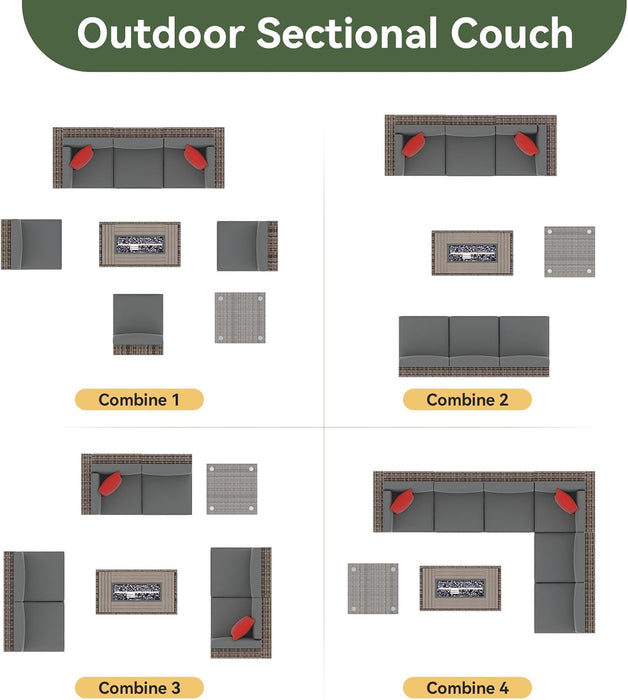 8-Piece Patio Furniture Set with 40” Fire Pit Table Wicker Rattan Conversation Set Outdoor Sectional Sofa with Removable Cushions and Coffee Table (8 PCS Gray)