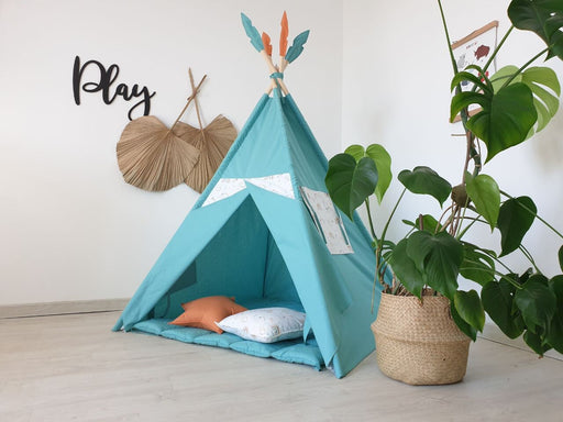 Large Kids Teepee Tent with Padded Mat , Kids Playhouse , Indoor Playzone , Rainbow Teepee Print , Turquoise Color Teepee