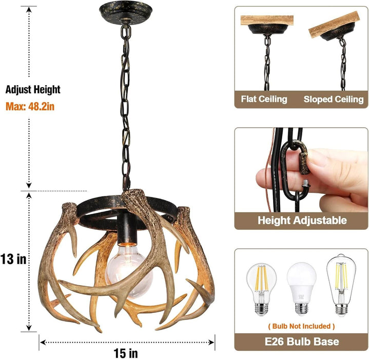 Rustic Antler Chandelier, Adjustable Height Farmhouse Chandeliers with Resin 4 Antlers and Retro Metal Wagon Wheel Chandelier Vintage Style for Dining Room, Kitchen, Hallway, Entryway