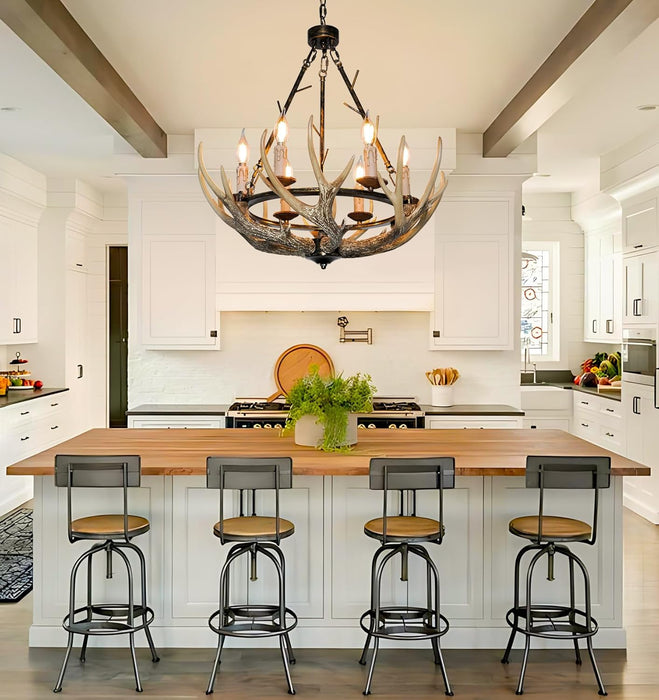 Six-Light Rustic Antler Chandelier With Wagon Wheel