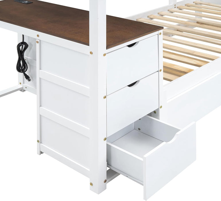 Twin over Twin Bunk Bed Twin Size Trundle, Wood Twin Bunk Bed with USB Ports, Storage and Desk, White+Walnut