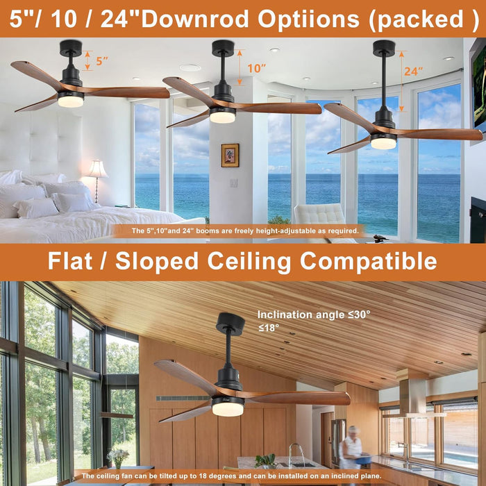 52" Ceiling Fan with Lights Remote Control, 3 Poles for Indoor Outdoor Ceiling Fan with Remote, Reversible Noiseless ETL Motor, 3 Walnut Wooden Blades