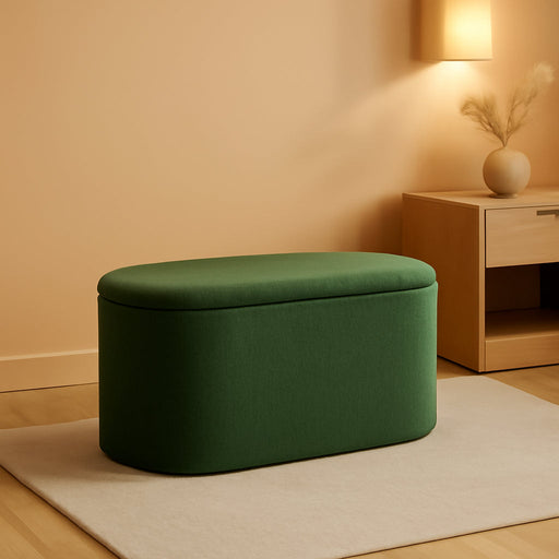 Ottoman with Storage, Sherpa Folding Storage Bench Foot Rest, Modern Upholstered Seat for Living Room, Entryway, Bedroom, Oval Green
