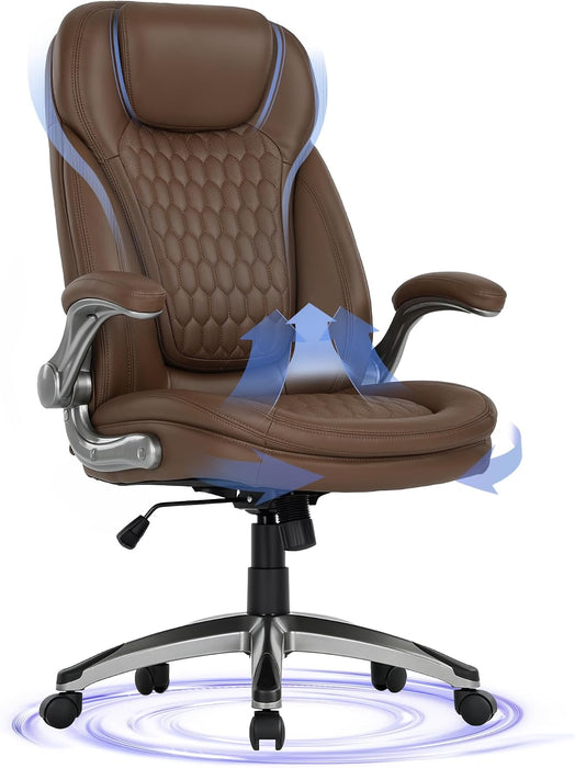 Executive Office Chair-Ergonomic Computer Desk Chair, High Back Leather Chair with Padded Flip-Up Arms, Swivel Home Office Chair Upgraded Caster, Brown
