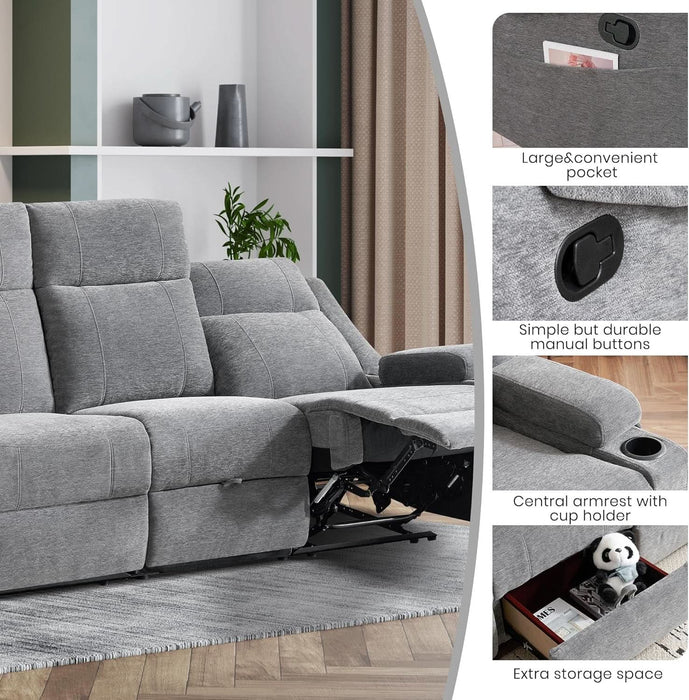 75'' Manual Reclining Sofa with Storage Drawer, 3 Seat Wall Hugger Recliner Couch with Cup Holders, Side Pockets, Chenille Fabric, Compact 3-Person Recliner for RV, Living Room, Apartment (Grey)