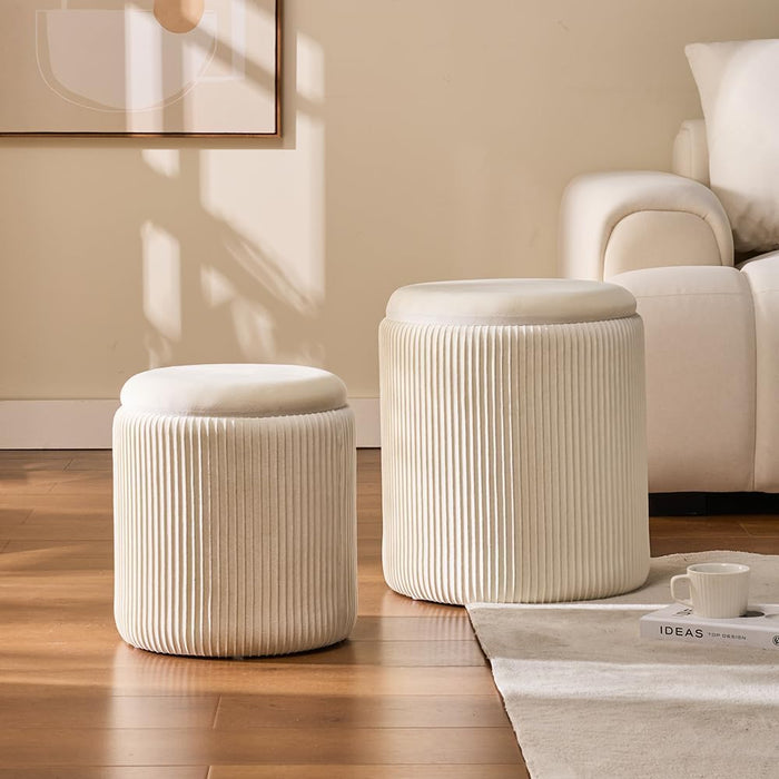 Round Set of 2 Ottoman with Storage-Upholstered Velvet Vanity Stool for Makeup Multifunctional Ottomans Coffee Table Padded Seat Foot Rest for Living Room&Bedroom（White）
