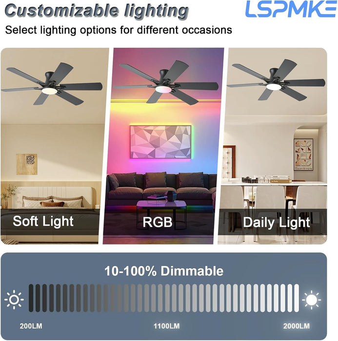 Ceiling Fans with Lights, 52 Inch Low Profile Ceiling Fan with Light and Remote, Flush Mount, Quiet, Reversible, 3CCT, Dimmable, Black RGB Ceiling Fan for Bedroom, Living Room, Indoor/Outdoor