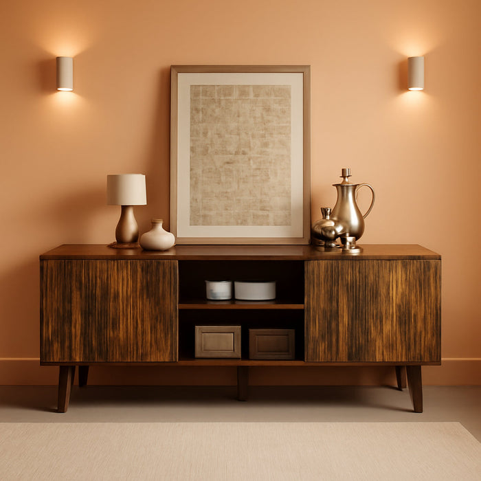 63'' Fluted TV Stand for 70 Inch TV, Modern Entertainment Center with Sliding Doors & Storage Cabinet, Mid Century Media TV Console for Living Room, Brown