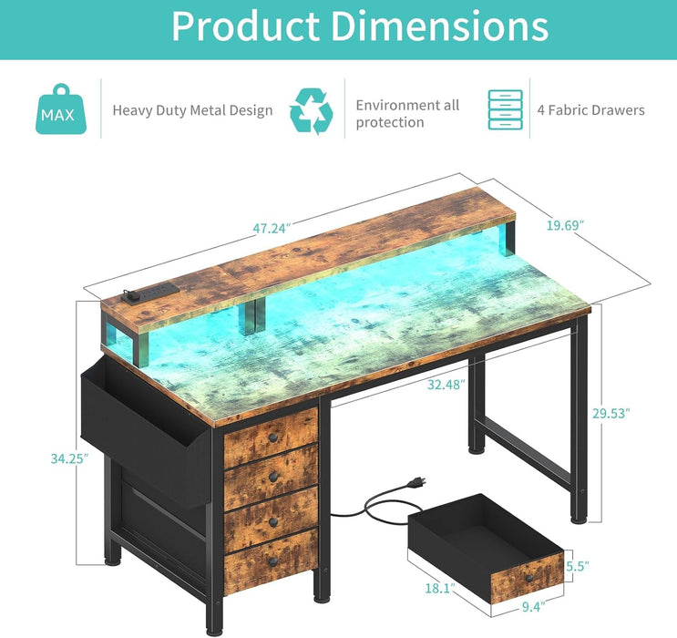 Computer Desk with Fabric Drawers, 47 Inch Home Office Desk with Monitor Stand, Gaming Desk with LED Lights and Power Outlets, Rustic Brown