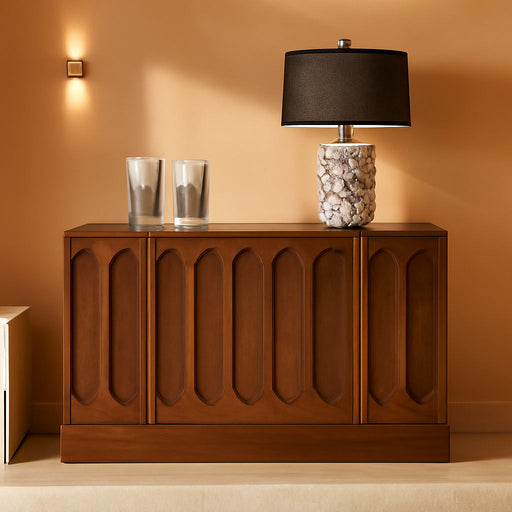 45" Mid-Century Modern Sideboard Buffet Cabinet with Fluted Doors,Credenza Storage Cabinet with Solid Wood Veneer,Seamless Base Accent Cabinet,Walnut